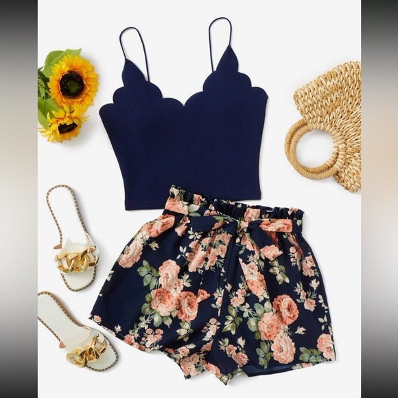Dresses & Skirts - Boho scallop trim cami top and floral print paper bag waist shorts 2 piece set